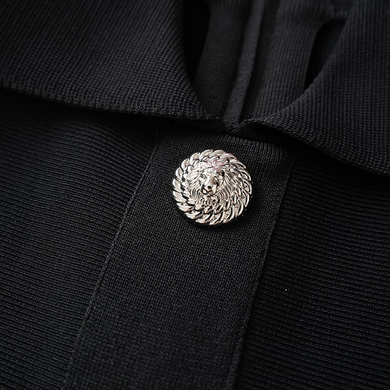 Vêtements pour femmes, mode printemps-été, robe noire coupe ajustée à revers en tricot anti-rayures, coupe trapèze_voghion.com