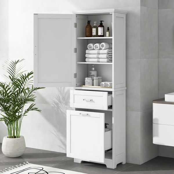 Tall Bathroom Storage Cabinet, Freestanding Storage Cabinet With Two Different Size Drawers And Adjustable Shelf, MDF Board With Painted Finish, Whi_voghion.com