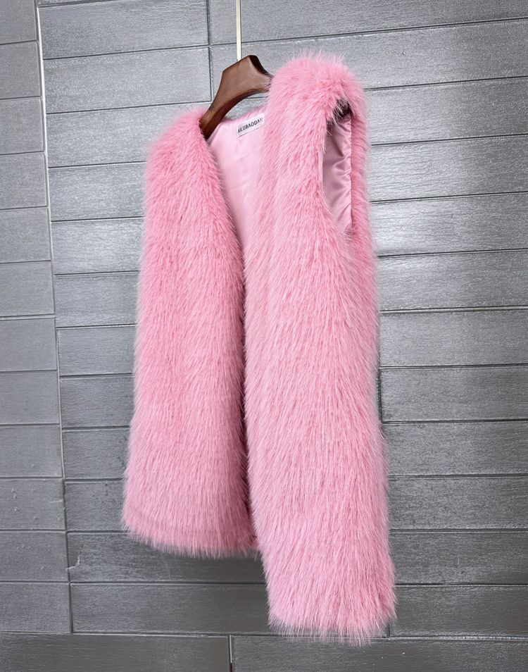 Gilet en fausse fourrure K pour femme ; doux et chaud ; manteau long ; manteau duveteux ; manteau à capuche ; manteau avec ceinture_voghion.com