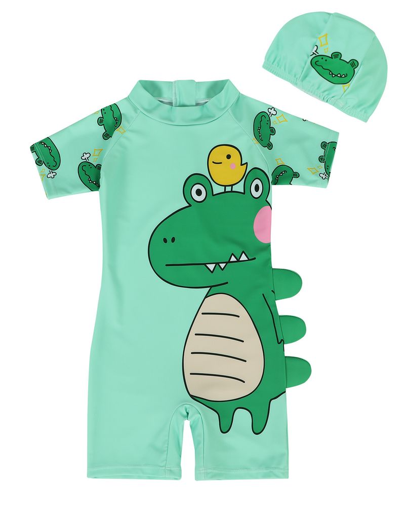 Mother & Kids summer children's clothing dinosaur print one-piece hooded swimsuit quick-drying breathable beach sunscreen baby swimsuit_voghion.com