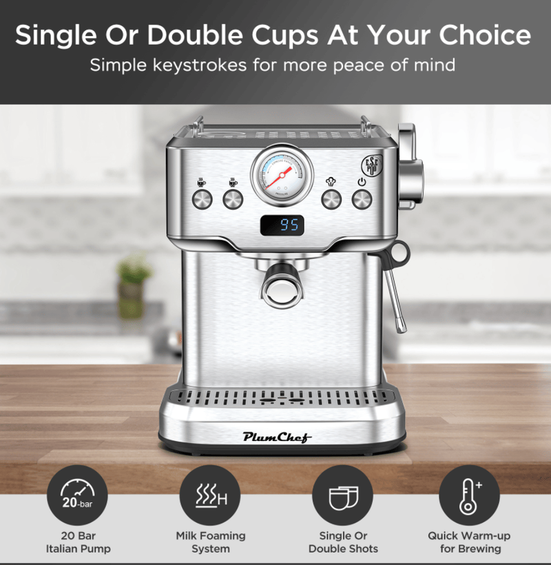 W1002P292436 1350W Semi-automatic Coffee Machine 20Bar Professional Concentrated Coffee Maker With Milk Foamer, Single Shot And Double Shot, Compatible With ESE POD 1.5L Water Tank, Capsule Filter_voghion.com