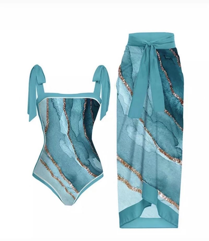 Damenbekleidung Retro Bedruckter Badeanzug Konservativer Einteiler Chiffonbluse Zweiteiliger Badeanzug_voghion.com