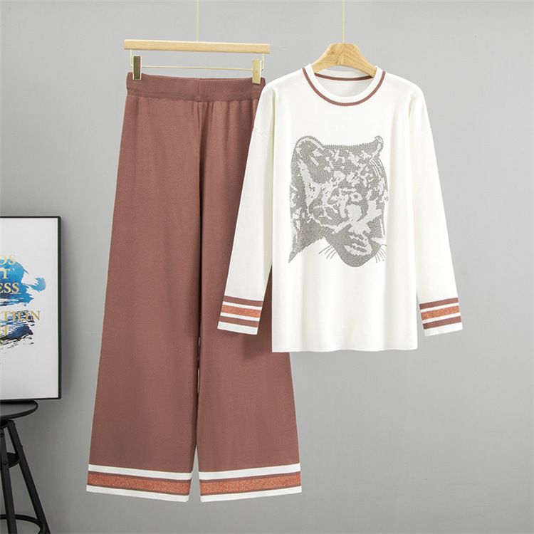 Ensemble en tricot imprimé léopard et strass pour femme : pull et pantalon surdimensionnés, deux pièces_voghion.com