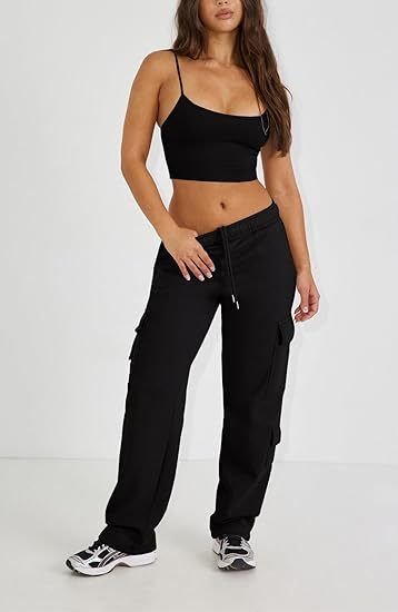 Damen Cargo-Jogginghose mit hoher Taille, lockere Passform, weites Bein, Trainingshose mit Taschen für Streetwear-Mode_voghion.com