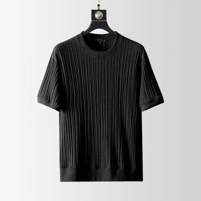 Men's Clothing Summer Thin Ice Silk Sports Men's Color Matching Pleated Large Size T Shirt Nine Point Pants Casual Two Piece Set Foreign Trade_voghion.com