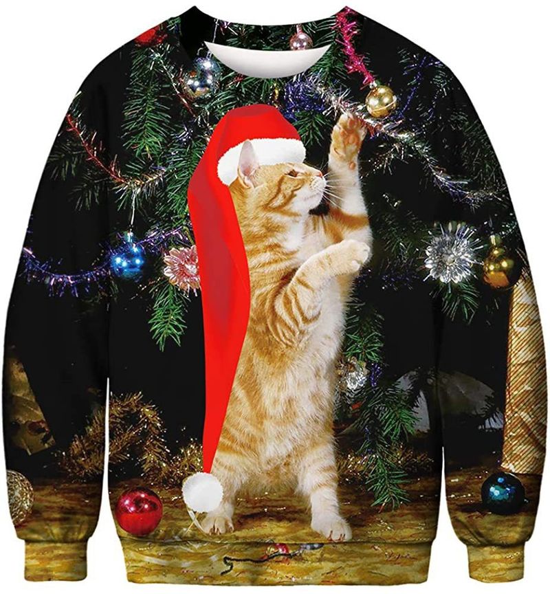 Felpa da uomo a maniche lunghe con stampa digitale a colori 3D, motivo: animale di Halloween, gatto, miagolio, stella_voghion.com