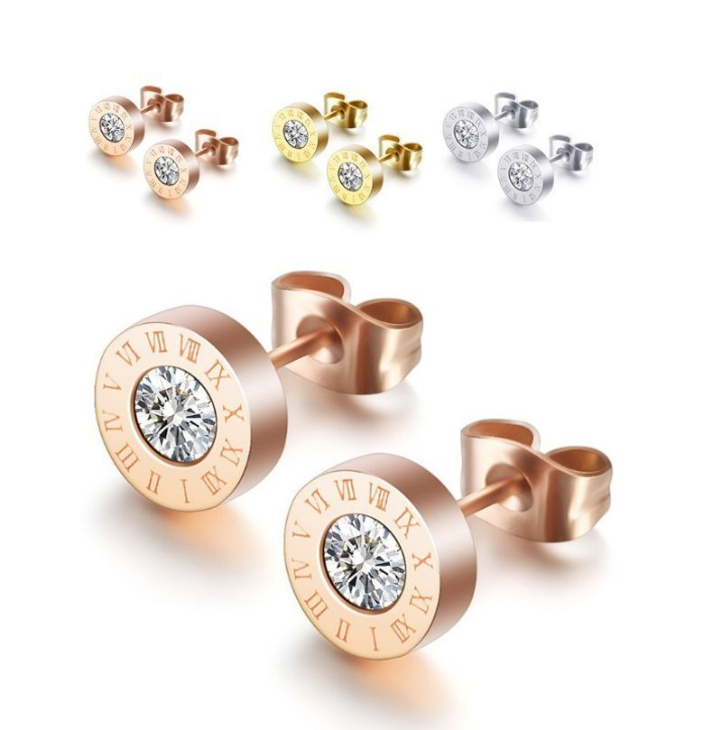 Orecchini a bottone con numeri romani in titanio anti-allergia rotondi alla moda per gioielli da donna con orecchini in acciaio inossidabile di cristallo_voghion.com