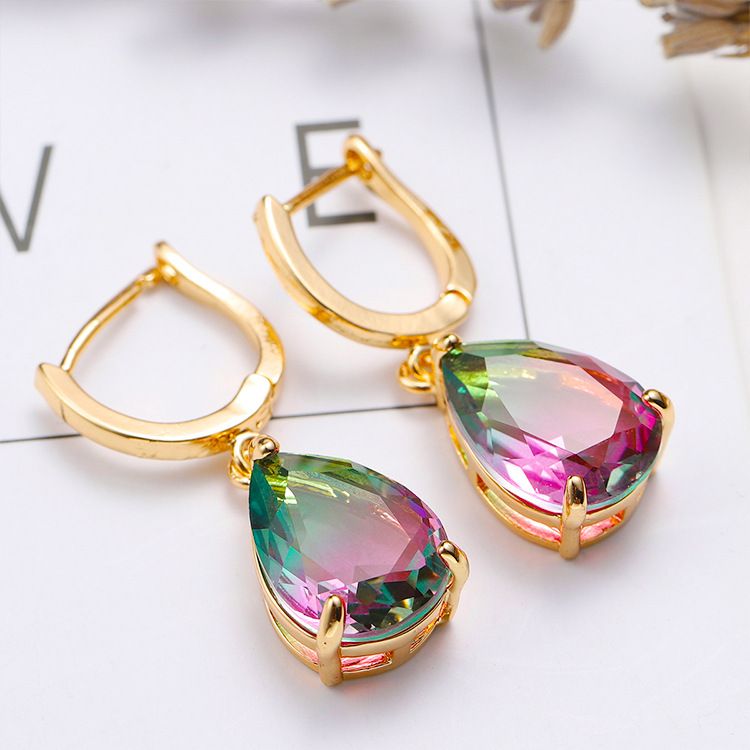 Lady New Tourmaline Color Trendy Creative Water Drop Pear Shape Gradient Earrings_voghion.com