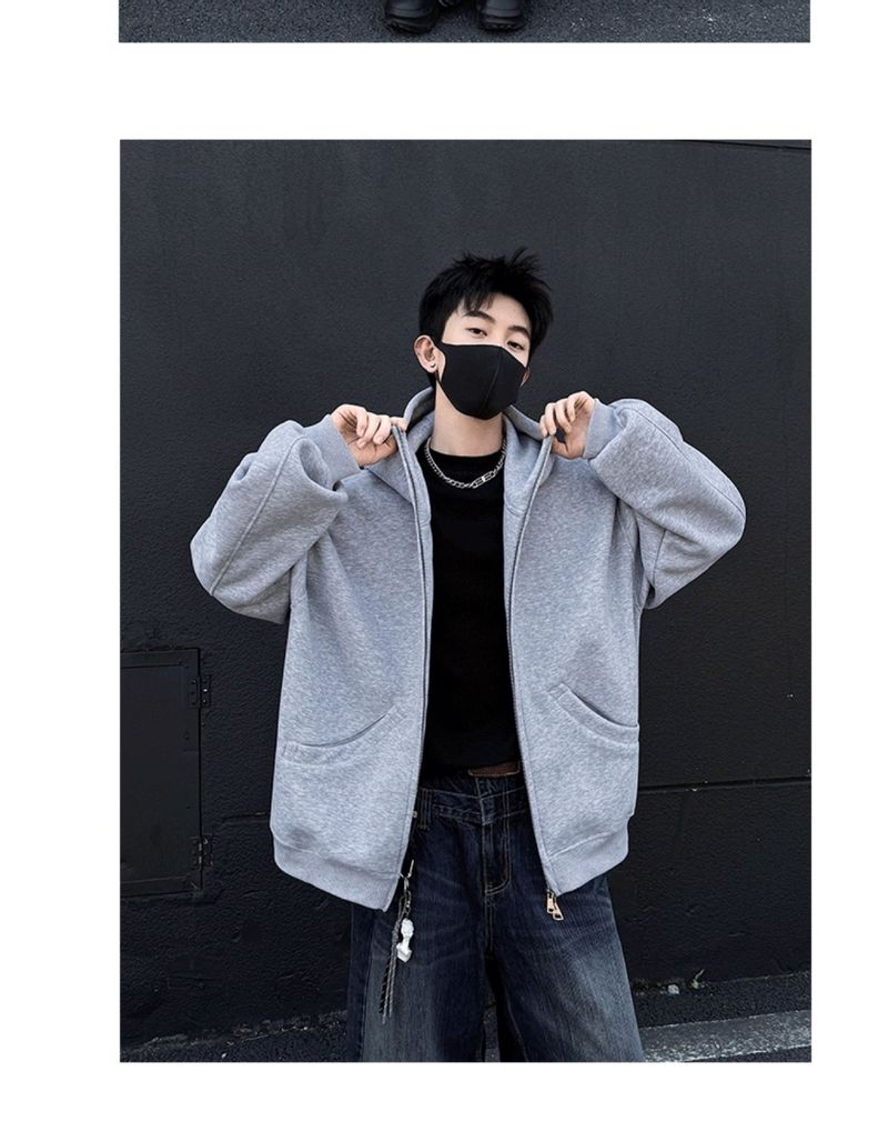 Modisches Herren-Sweatshirt mit Kapuze und Reißverschluss, lässige Streetwear-Pulloverjacke mit Taschen (Schwarz, Grau) – lockere Passform, Baumwollmischung, bequemer urbaner Stil_voghion.com