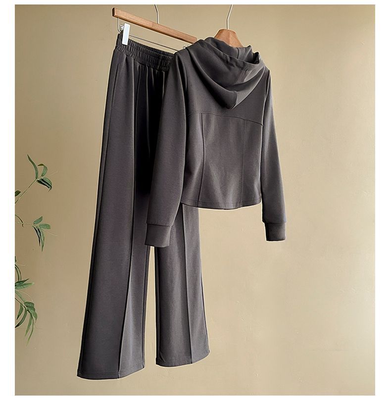 Conjunto deportivo elegante para mujer: sudadera con capucha y pantalón recto, conjunto informal y cómodo de dos piezas para uso diario._voghion.com