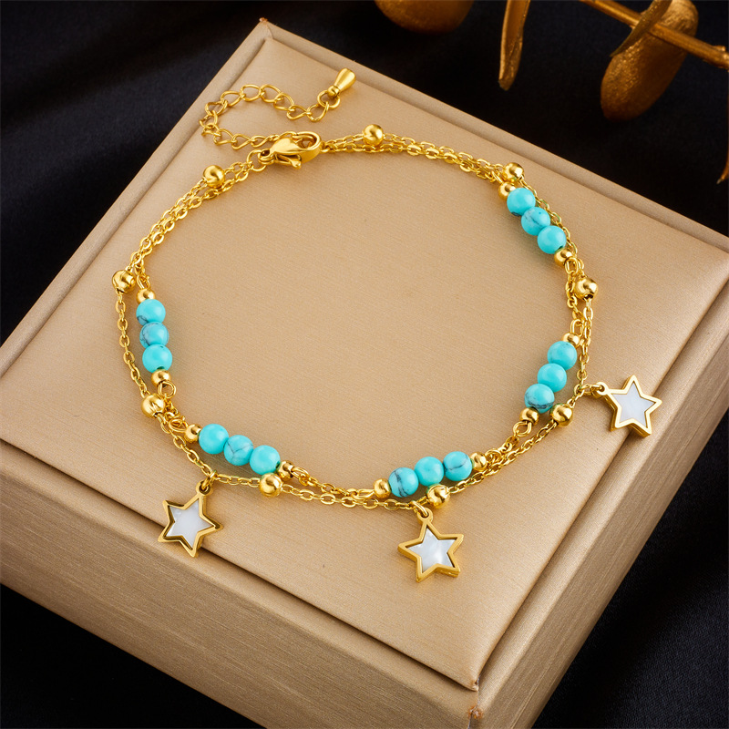 Bracelet de cheville simple et tendance avec pendentif œil pentagramme et perles, chaîne irrégulière empilée à double couche_voghion.com