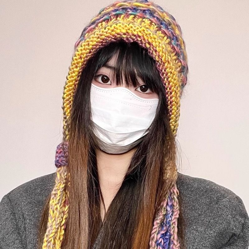 Hand wool Children's new winter color tassel Fried Dough Twists ear protection warmth Dopamine knitted hat tide_voghion.com