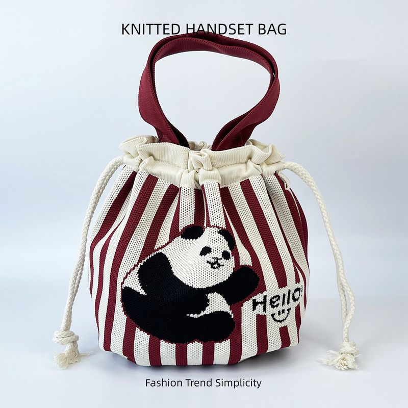 Knitted Water Bucket With Cute Cartoon Pattern, Casual And Versatile Drawstring Handbag, Armpit Bag, Bento Lunch Bag_voghion.com