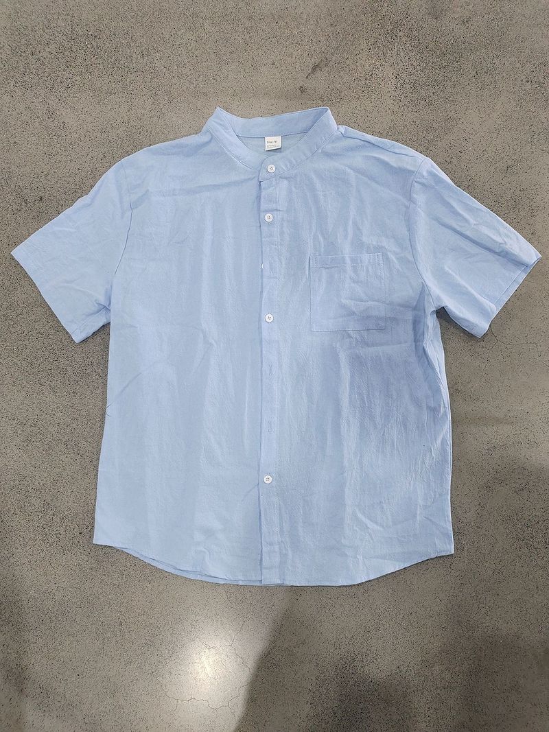 Camisa de lino de manga corta para hombre, nueva, de color liso, con cuello alto y bolsillo, holgada, informal_voghion.com