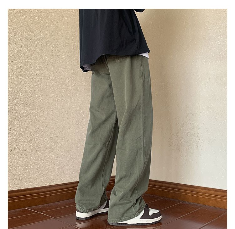 Hosen-Look Schlanke, übergroße Jeans in Militärgrün, gerade, lockere Hose mit weitem Bein für Herren im American High Street-Stil_voghion.com