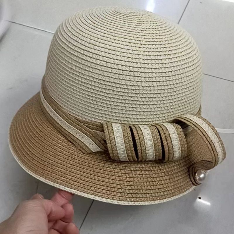 Çim kadın yaz niş moda inci büyük kenarlı balıkçı fiyonk güneş gölgeleme plaj şapkası_voghion.com