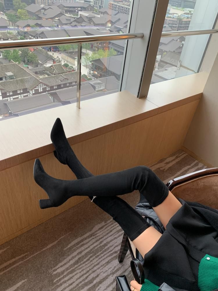 Overknee-Stiefel mit großem Bein, langem Blockabsatz, spitzem Bein und Wickeldesign sowie elastischen Stiefeln mit mittelhohem Absatz für Damen_voghion.com