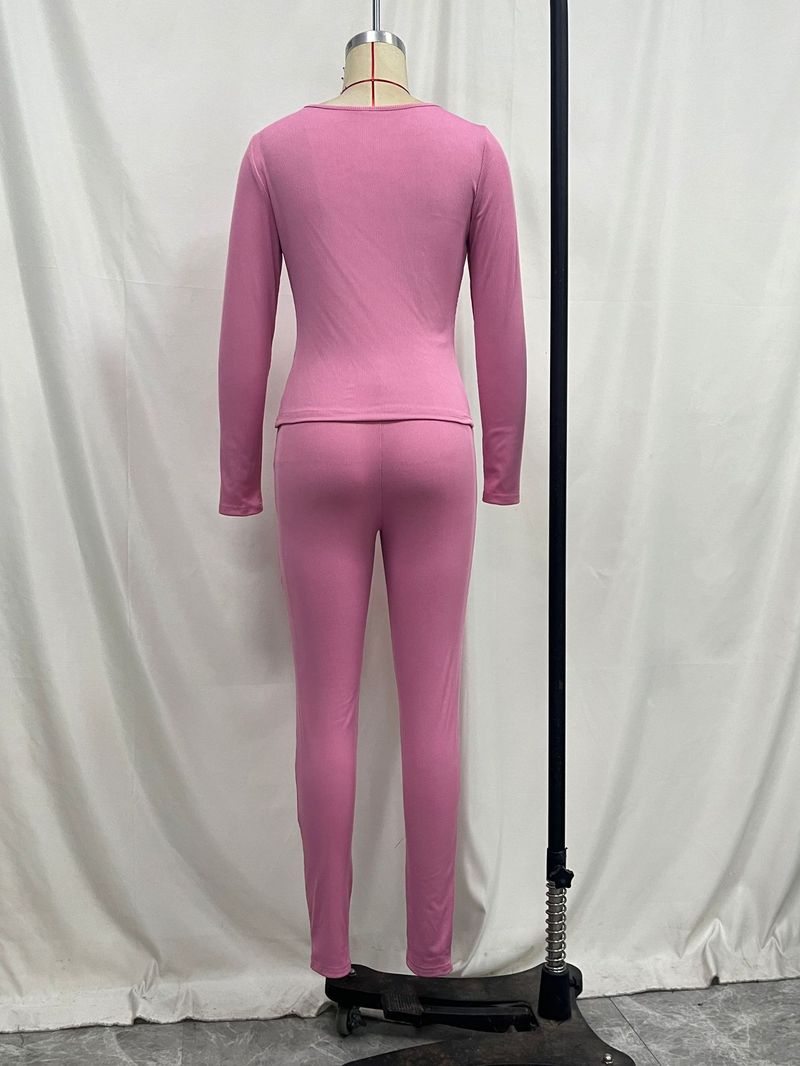 Elegant Knit Two-Piece Set - Long Sleeve Top & Pants Outfit For Women, Soft Stretch Polyester Blend, Comfortable & Stylish Casual Wear_voghion.com