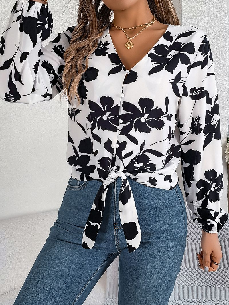2025 Autumn Winter Casual Color-Block Floral Lantern Sleeve Tie Chiffon Blouse Women's Fashion_voghion.com