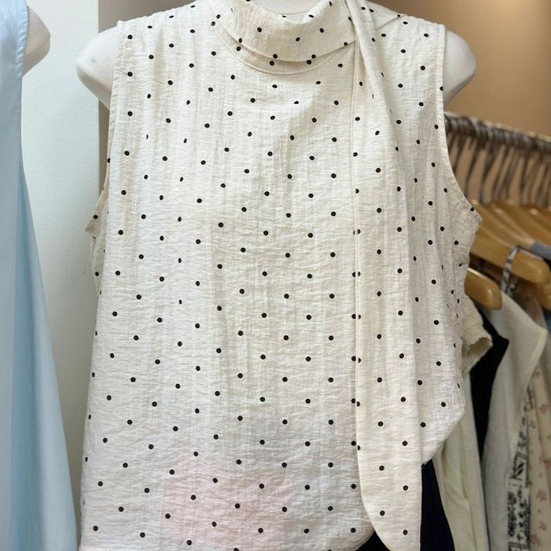 Camicia senza maniche con fiocco in nastro, versatile e casual, per donna, estiva, elegante, alla moda, con colletto rialzato e gilet a pois_voghion.com