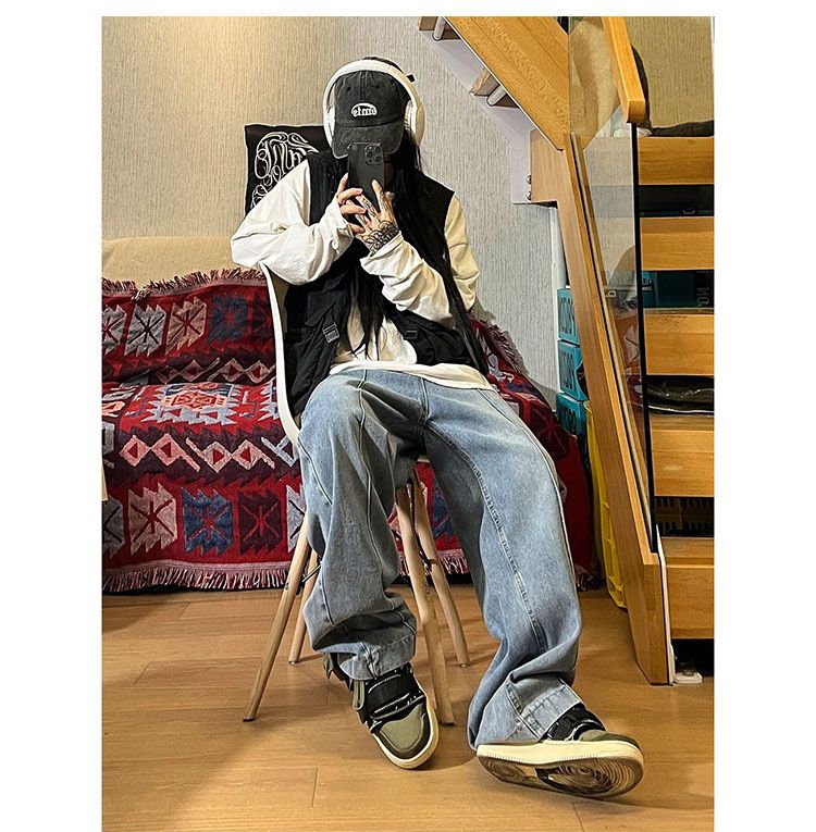 American Vibe Jeans Herren Straight Loose Oversized High Street Trendy Ins Wide Leg Bodenhose_voghion.com
