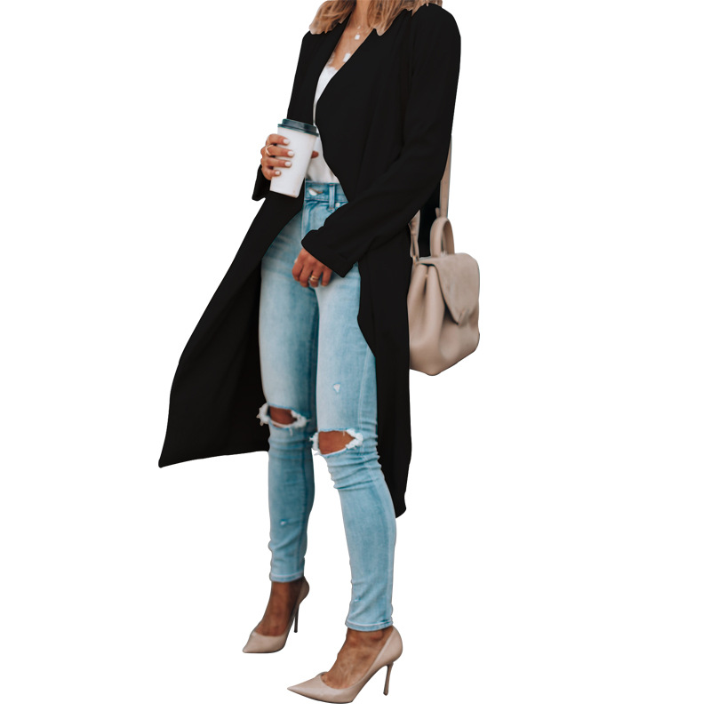 Abbigliamento da donna giacca a vento casual lunga autunno e inverno con risvolto tinta unita_voghion.com
