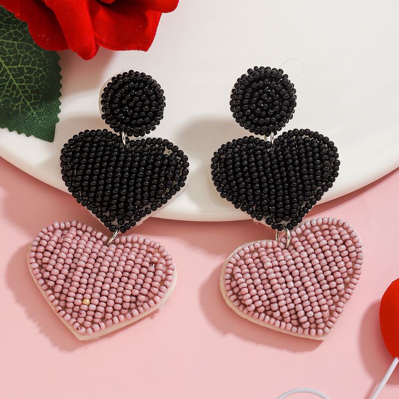 INS style fashion exquisite handmade rice bead peach heart earrings double layer exaggerated love Valentine's Day earrings_voghion.com