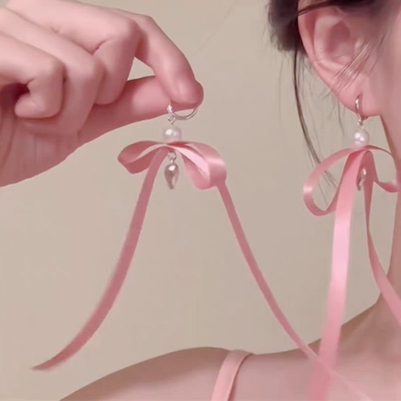 Orecchini pendenti a forma di cuore con fiocco rosa e fiocco in perle, unisex, per ragazze, con fibbie per le orecchie, dolci e delicati._voghion.com