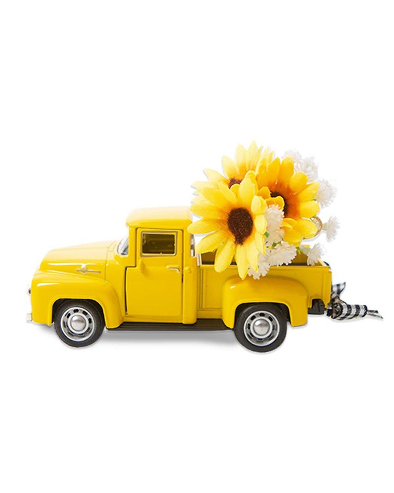 Mini camion en métal jaune décoratif avec plateau superposé en fleurs artificielles de tournesol, décoration vintage pour camion jaune_voghion.com
