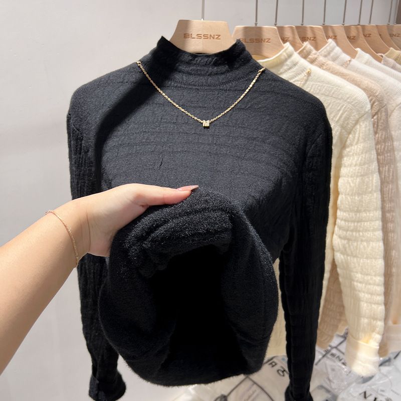 Damen-Strickpullover mit Fleecefutter, halbhoher Rollkragen, langärmliges Thermo-Oberteil für den Winter (inklusive Halskette) – weicher Kunstnerzstoff, schmale Passform, reine Farbe_voghion.com