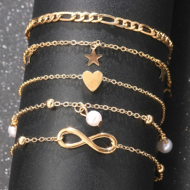 hete verkoop parel strand enkelband vijfpuntige ster vlinder hanger geluk 8 karakter multi-layer enkelband set 4 stuks_voghion.com