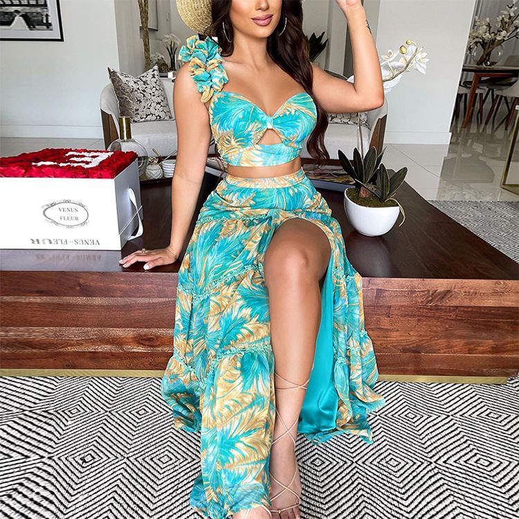 Damen Sommer neue bedruckte One-Shoulder-Ärmel zweiteilige sexy Rockanzüge_voghion.com