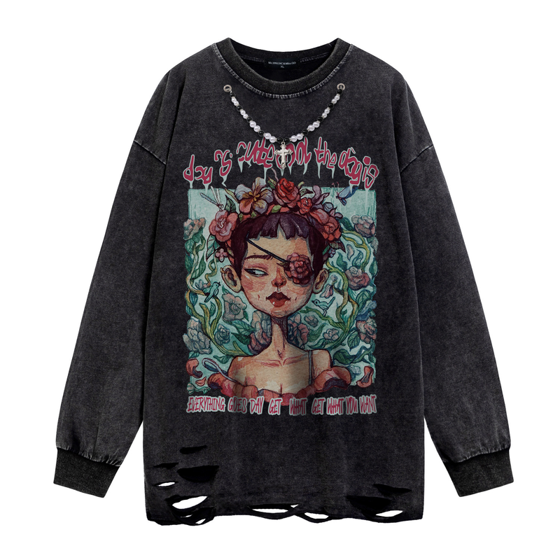 Herrenbekleidung Vintage-Kapuzenpullover in Schwarz mit einzelnem, mit Perlen verziertem Muster und Kette, dekorative Waschung für Männer und Frauen_voghion.com