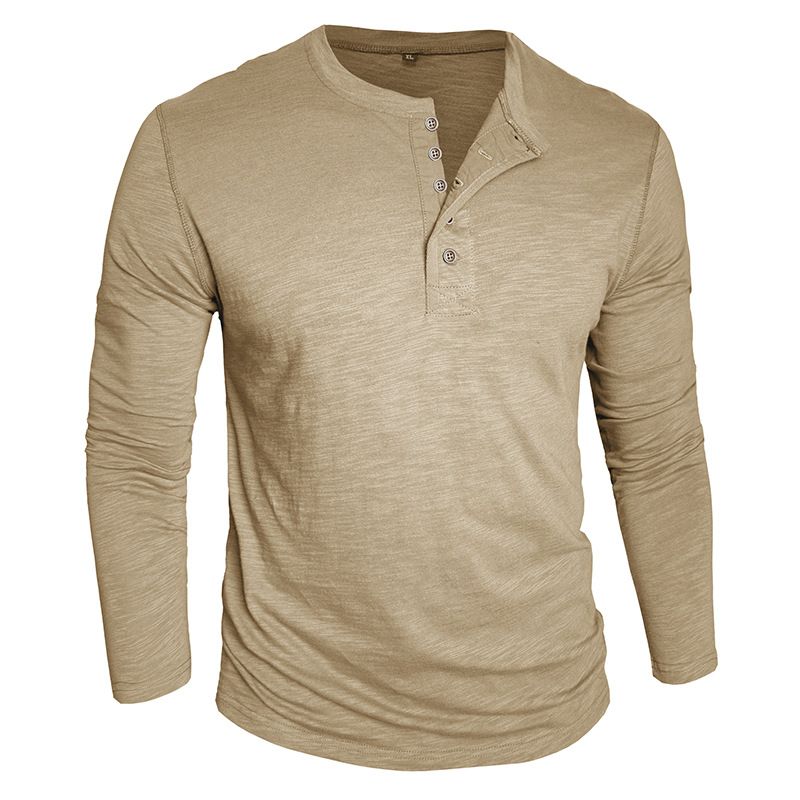 T-Shirt zum Knöpfen für Herren – Weiches Langarm-T-Shirt aus Bambusbaumwolle mit Rundhalsausschnitt für den Alltag (Schwarz, Marineblau, Militärgrün, Weiß, Khaki)_voghion.com