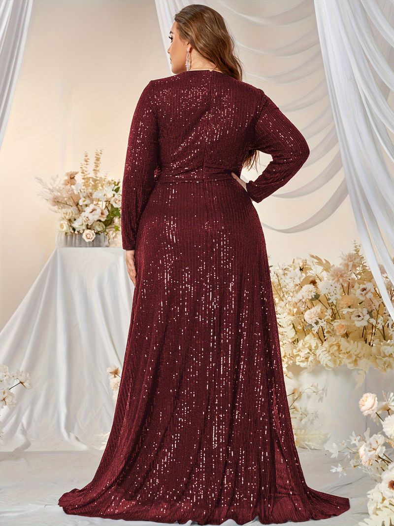 Elegant Plus Size Evening Gown With Sequins - V-Neck Long Sleeve Formal Dress For Wedding, Banquet & Special Occasions (Blue/Black/Wine Red, 0XL-5XL)_voghion.com