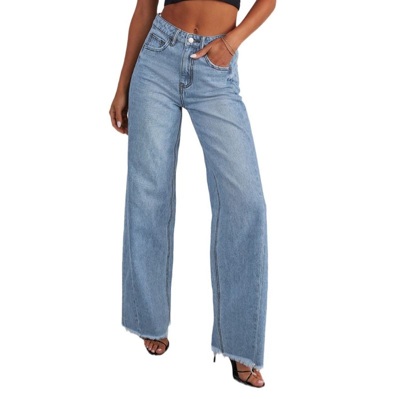 Jeans a gamba dritta e rilassati da donna - Pantaloni a gamba larga a vita alta con lavaggio classico per abbigliamento casual e da ufficio_voghion.com