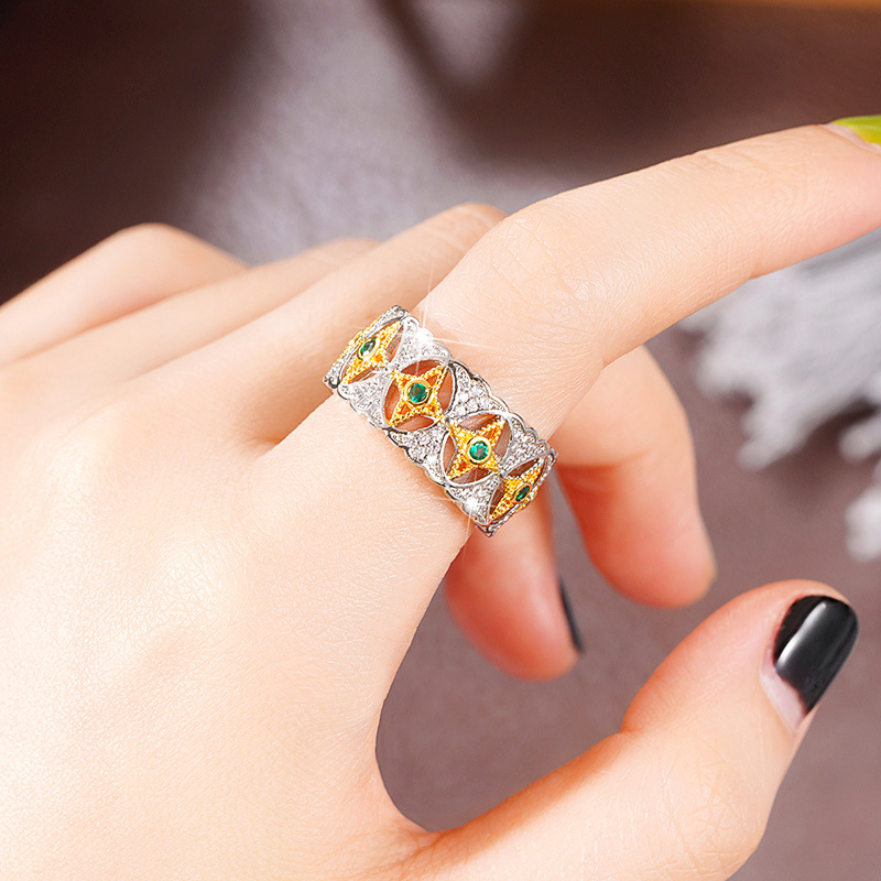 Cao Shi Palace Stijl Dubbele Kleur Franse Middeleeuwse Ster Maan Bloem Holle Kant Klassieke Ring_voghion.com