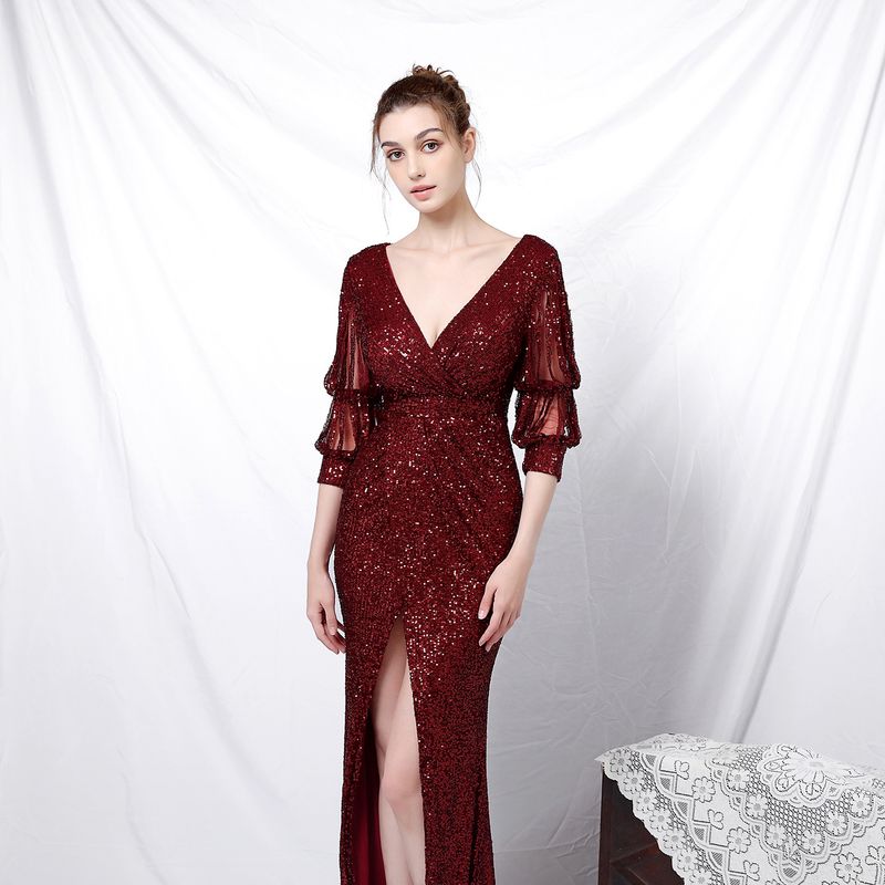 Women's Clothing Banquet Style Elegant Long Sleeves Sequinned Aura Queen Fishtail Evening Dress_voghion.com
