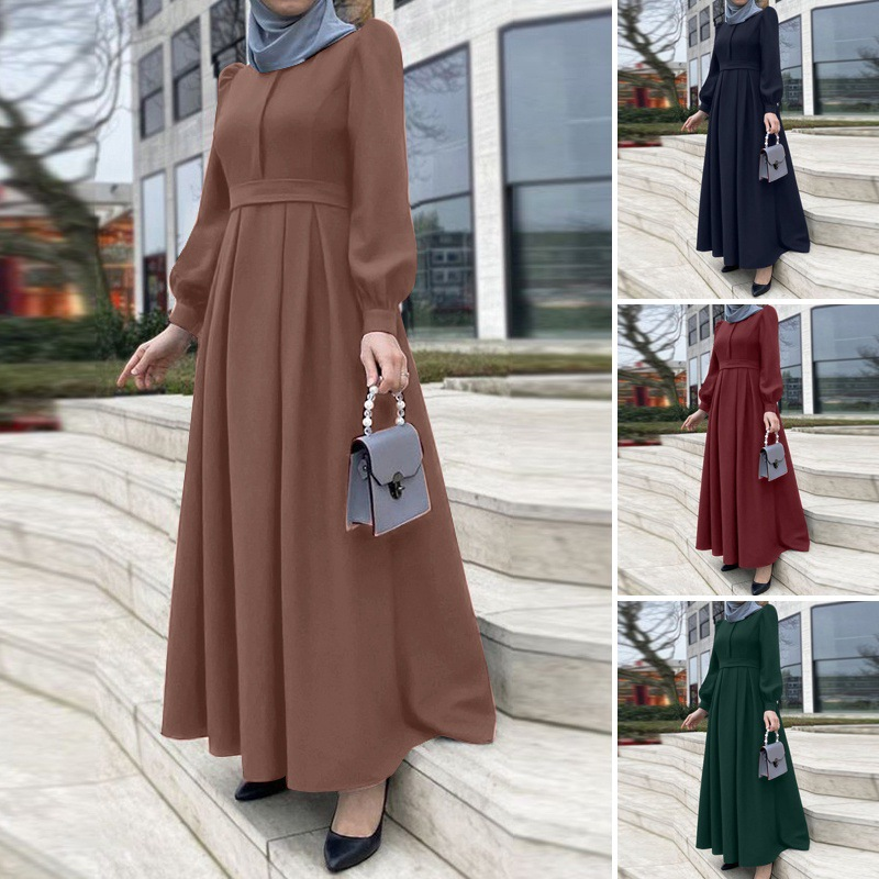 Damklänning Plus Size Klänning Puffärm Rundhals Enfärgad lång kjol Robe Klänning_voghion.com