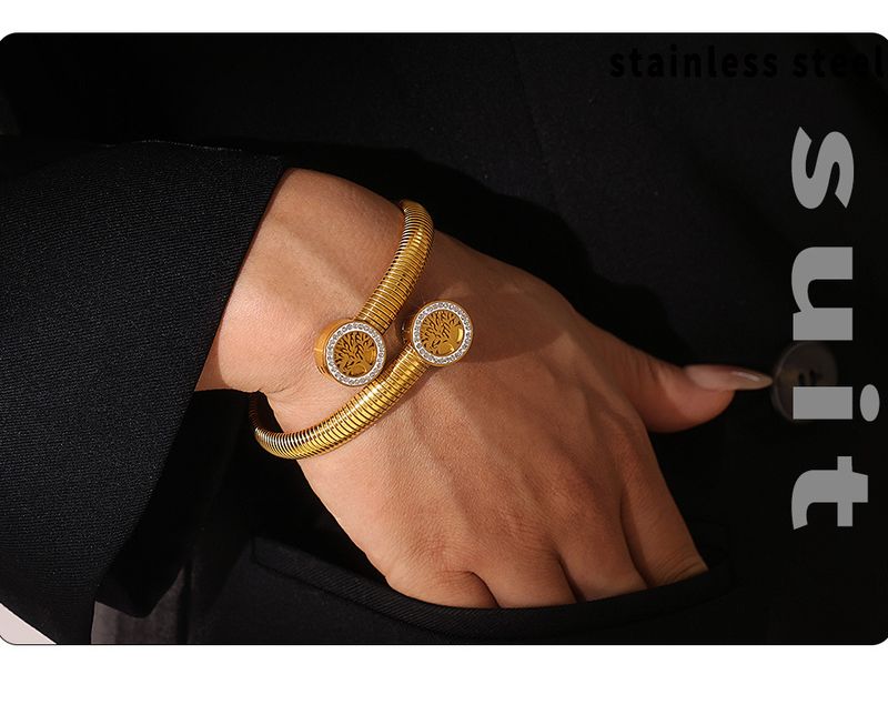 Modno drevo življenja z diamantno nitjo, odprta zapestnica iz titanovega jekla, prevlečena z zlatim personaliziranim dizajnerskim nakitom_voghion.com