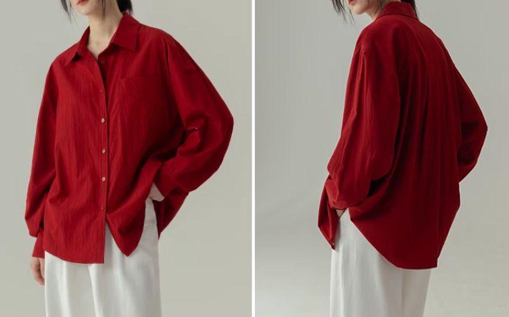 Kız Yakejia Kırmızı Üst Kadın, Benzersiz Tasarım, İlkbahar ve Sonbahar Yeni Bol Kesim, Kıvrık Yaka, Rahat Pileli Güneş Koruması_voghion.com