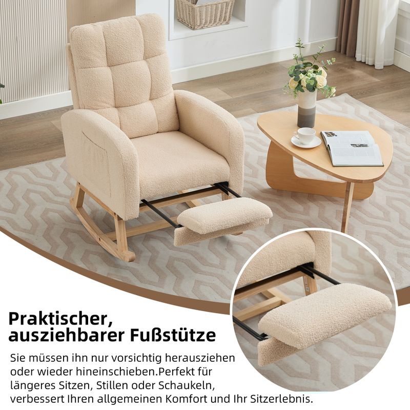 Teddy-Samt-Schaukelstuhl Beige: Massivholzgestell, Metallfüße, Hohe Schaumstoffpolsterung, Für Wohnzimmer/Schlafzimmer/Kinderzimmer_voghion.com