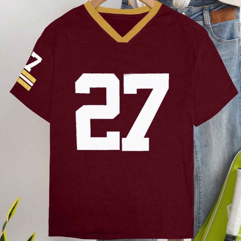 Camiseta de manga corta para mujer, cuello en V, informal, con estampado digital, holgada, en contraste de colores, 27_voghion.com