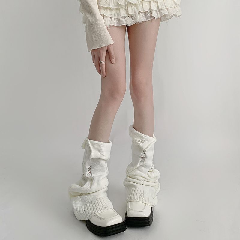Nouvelles jambières tricotées style JK pour femmes, grises, déchirées et à revers, chaussettes mi-mollet évasées et empilées de sous-culture Y2K_voghion.com