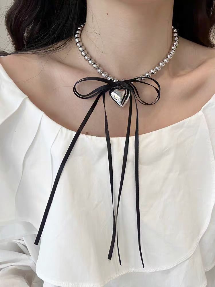 Koreaanse Dongdaemun zoete coole hart hanger lint strik kralen ketting pure verlangen stijl choker sleutelbeen ketting voor_voghion.com