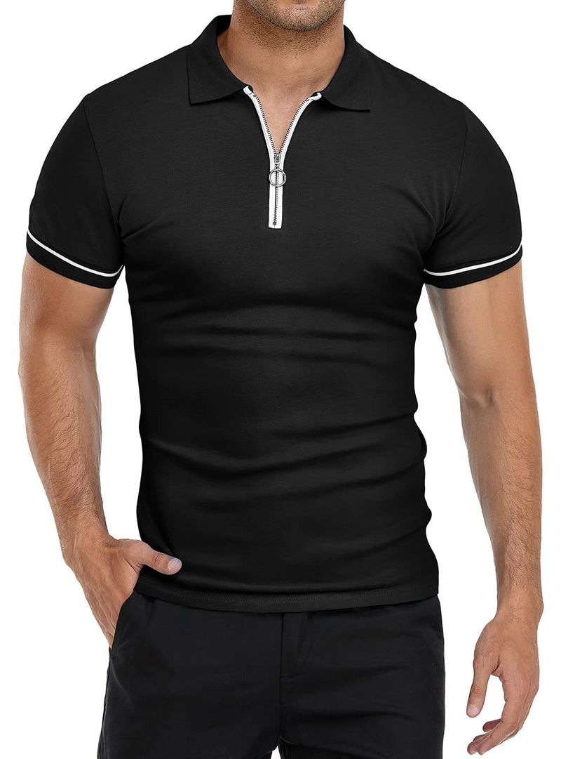 Men's lapel collar solid color slim fit t-shirt top_voghion.com