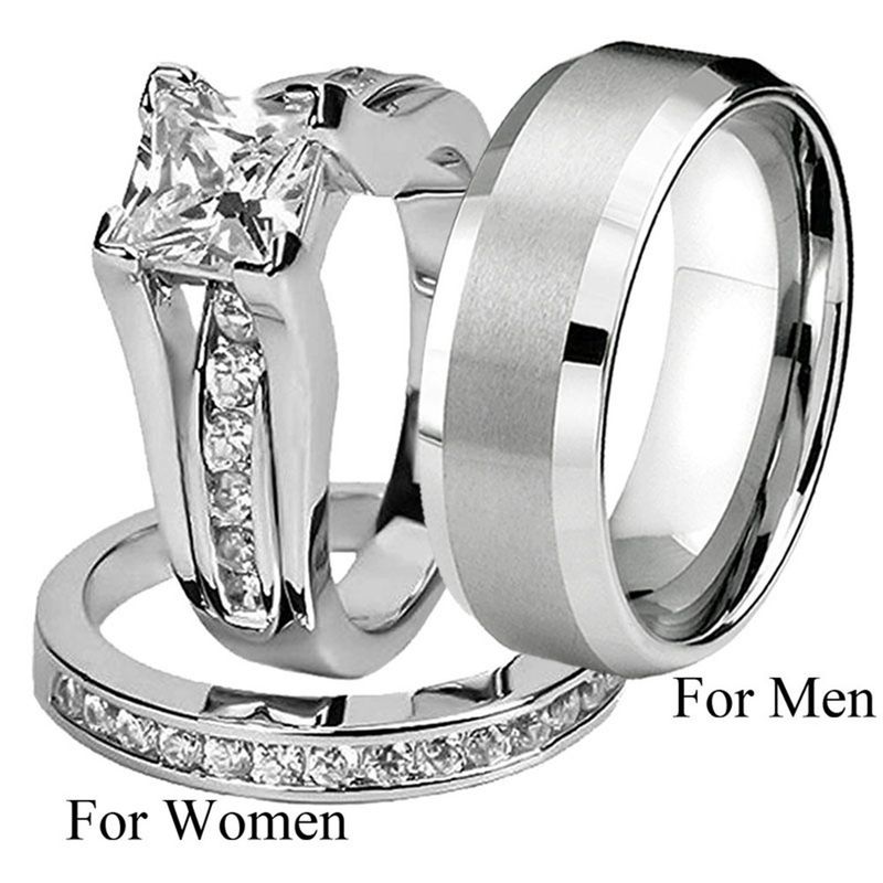 Conjunto de anéis de zircônia para casamento, noivado, masculino e feminino_voghion.com