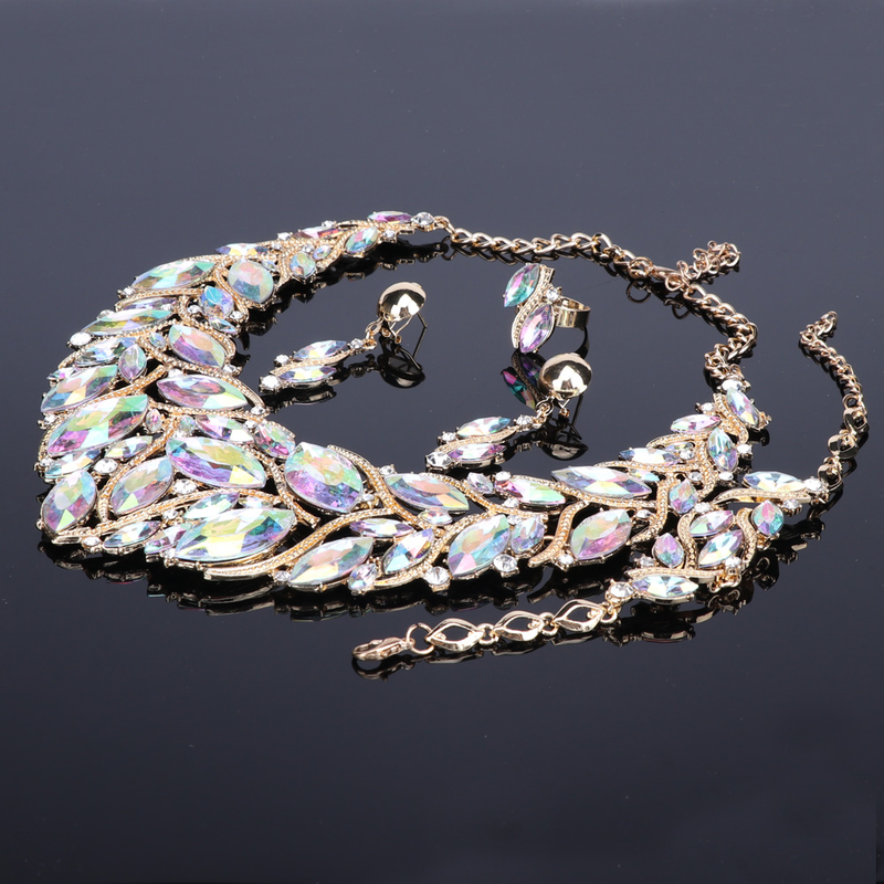 Women Bridal Wedding Party Jewelry Sets Crystal Gem Pendant Necklace Earrings Bracelet Ring Accessories _voghion.com
