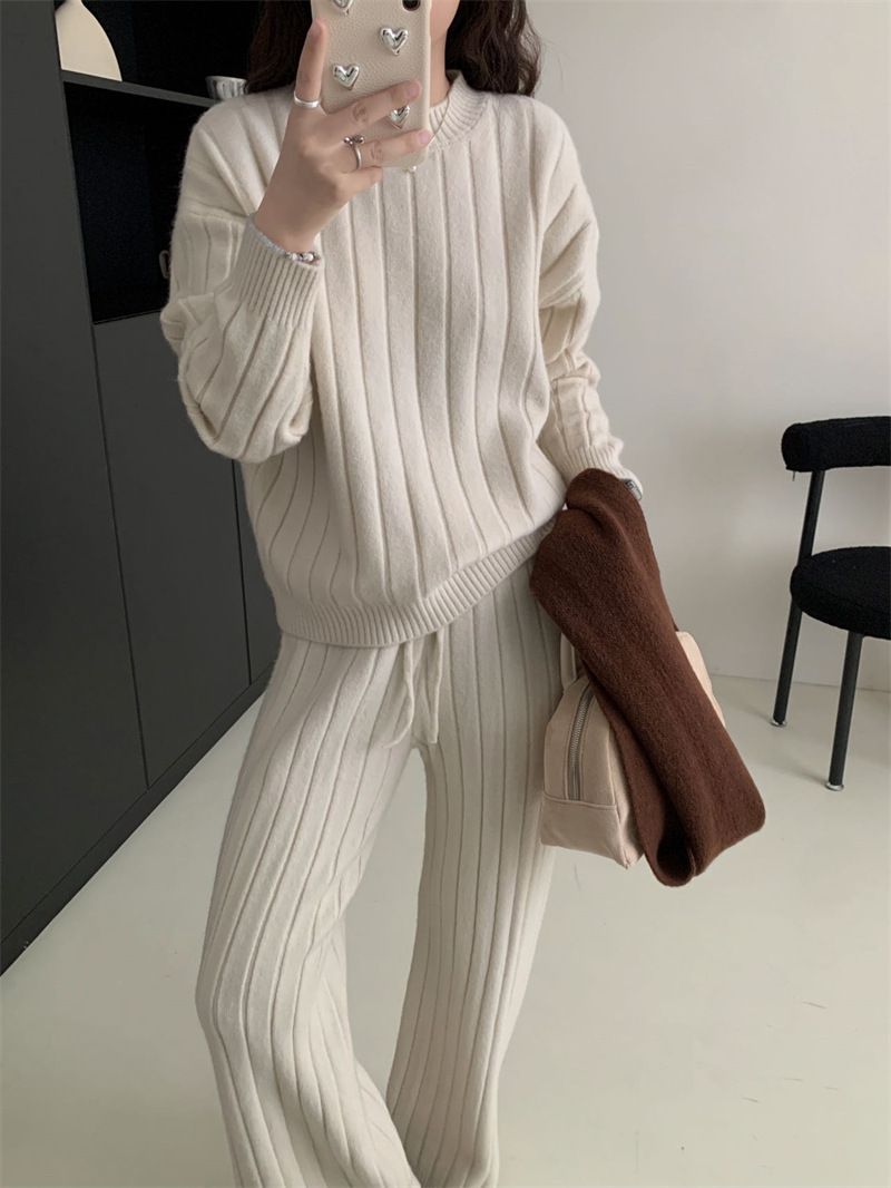 Plus Size Knit Sweater & Wide Leg Pants Set - Soft Ribbed Pullover & Flowy Lounge Trousers, Oversized Comfort Outfit For Women_voghion.com