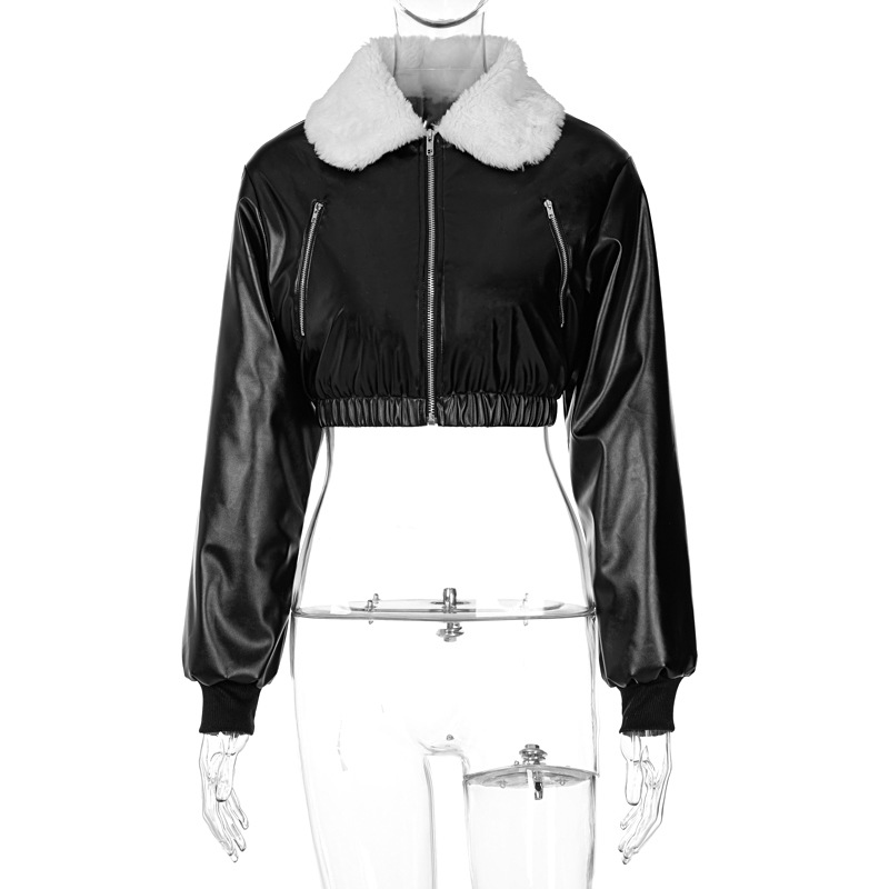Showmirrror revers top met lange mouwen effen bont ruches pu leren jas winter damesmode kunstleer streetwear pluche_voghion.com